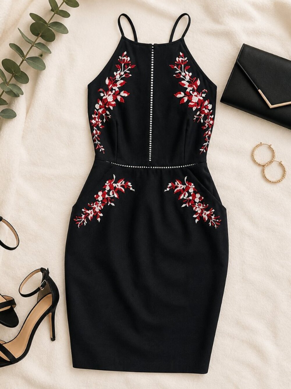 Bisou Bisou Embroidered Sheath Dress Black Floral Halter Size 10